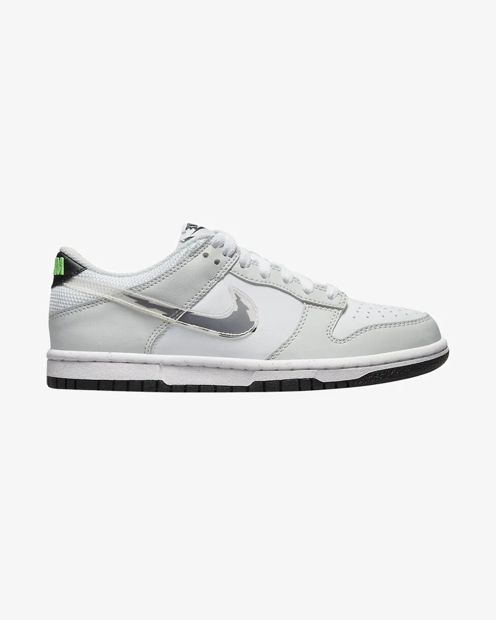 NIKE DUNK LOW GS NEXT NATURE WHITE GREY GLITCH SWOOSH